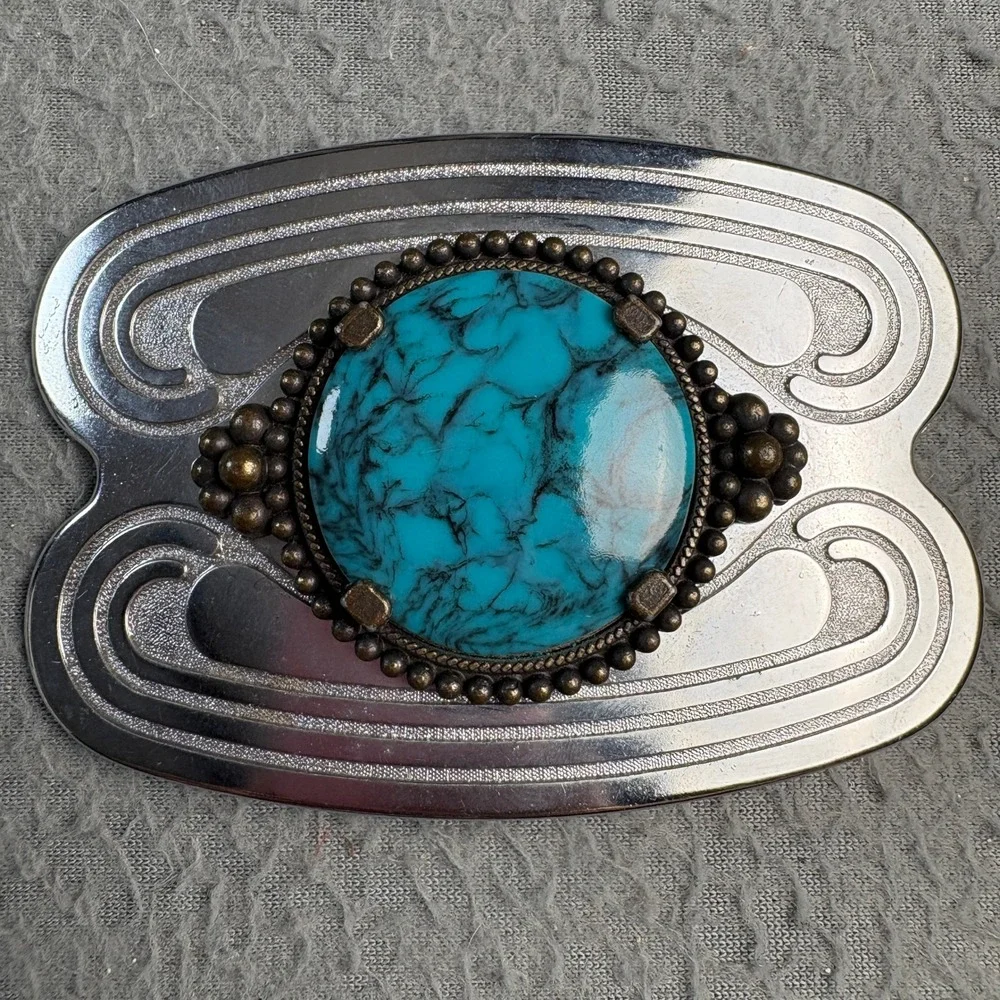 Western Turquoise Faux Stone Belt Buckle Silver Bronze Tone Scroll Etched Large